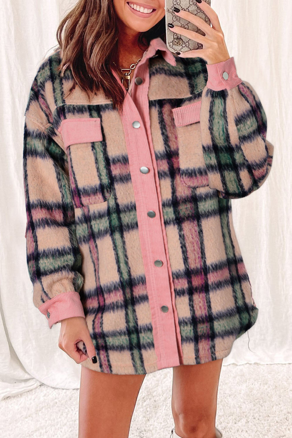 Pink Fuzzy Plaid Corduroy Patchwork Shacket