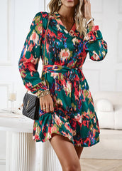 Dark Green Print V-neck Puff Long Sleeve  Lacing Dress