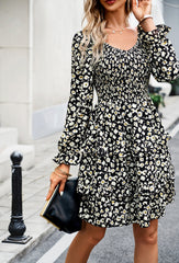 Black V-Neck Off-The-Shoulder Holiday Floral Long-Sleeved Short Dress