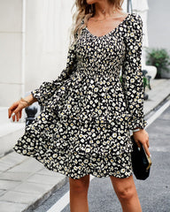 Black V-Neck Off-The-Shoulder Holiday Floral Long-Sleeved Short Dress