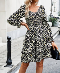 Black V-Neck Off-The-Shoulder Holiday Floral Long-Sleeved Short Dress