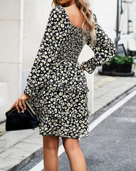 Black V-Neck Off-The-Shoulder Holiday Floral Long-Sleeved Short Dress