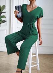 Green V Neck Short Sleeve Wide Leg Pants Casual Belt Jumpsuit