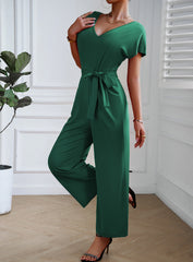 Green V Neck Short Sleeve Wide Leg Pants Casual Belt Jumpsuit