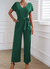 Green V Neck Short Sleeve Wide Leg Pants Casual Belt Jumpsuit