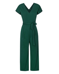 Green V Neck Short Sleeve Wide Leg Pants Casual Belt Jumpsuit