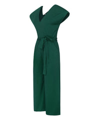 Green V Neck Short Sleeve Wide Leg Pants Casual Belt Jumpsuit