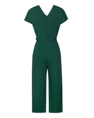 Green V Neck Short Sleeve Wide Leg Pants Casual Belt Jumpsuit