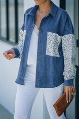 Blue Leopard Patchwork Corduroy Buttoned Shirt Jacket