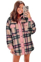 Pink Fuzzy Plaid Corduroy Patchwork Shacket