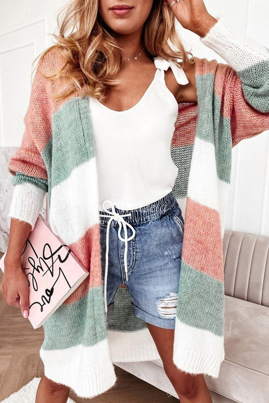 Green Colorblock Stripe Open-Front Cardigan