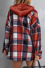 Red Hooded Plaid Button Front Shacket