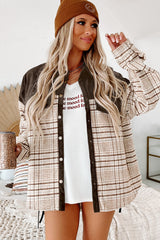 Brown Plaid Patchwork Button-up Shift Shirt Jacket