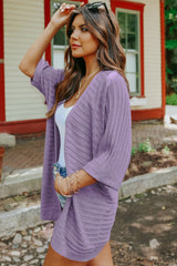 Purple Ribbed Open Front Knit Cardigan