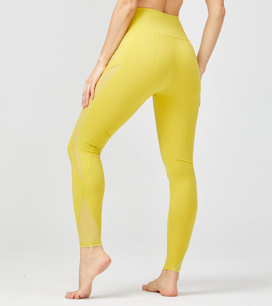 LOVESOFT Womens Yellow Side Pockets Yoga Lggings With Mesh Sides