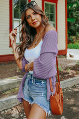 Purple Ribbed Open Front Knit Cardigan