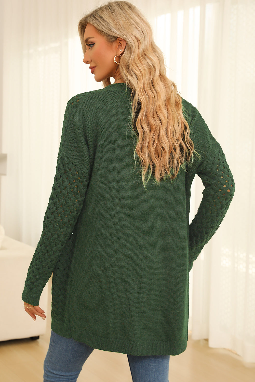 Green Open Front Woven Texture Knitted Cardigan with Pockets