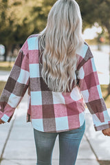 Plaid Color Block Buttoned Long Sleeve Jacket with Pocket