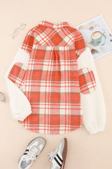 Red Sherpa Sleeve Plaid Print Shacket