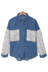 Blue Leopard Patchwork Corduroy Buttoned Shirt Jacket