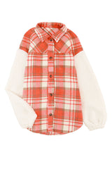 Red Sherpa Sleeve Plaid Print Shacket