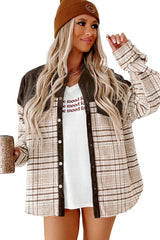 Brown Plaid Patchwork Button-up Shift Shirt Jacket