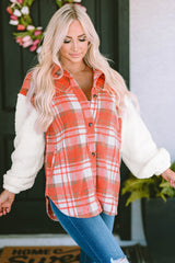 Red Sherpa Sleeve Plaid Print Shacket