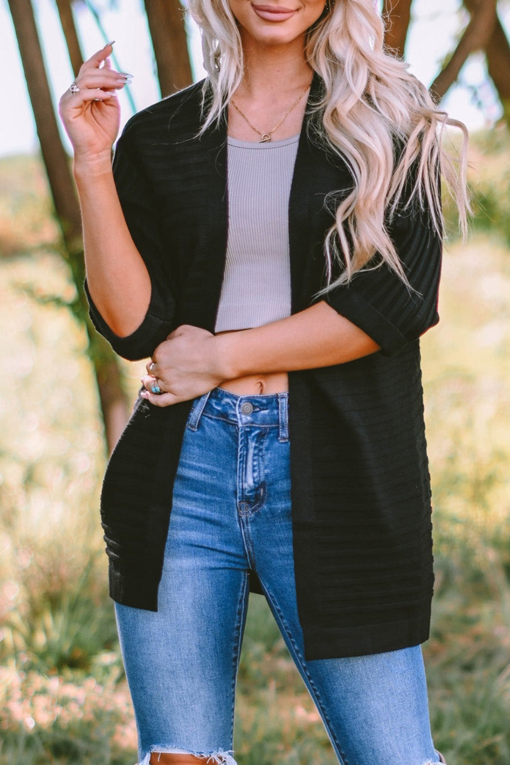 Black Ribbed Open Front Knit Cardigan