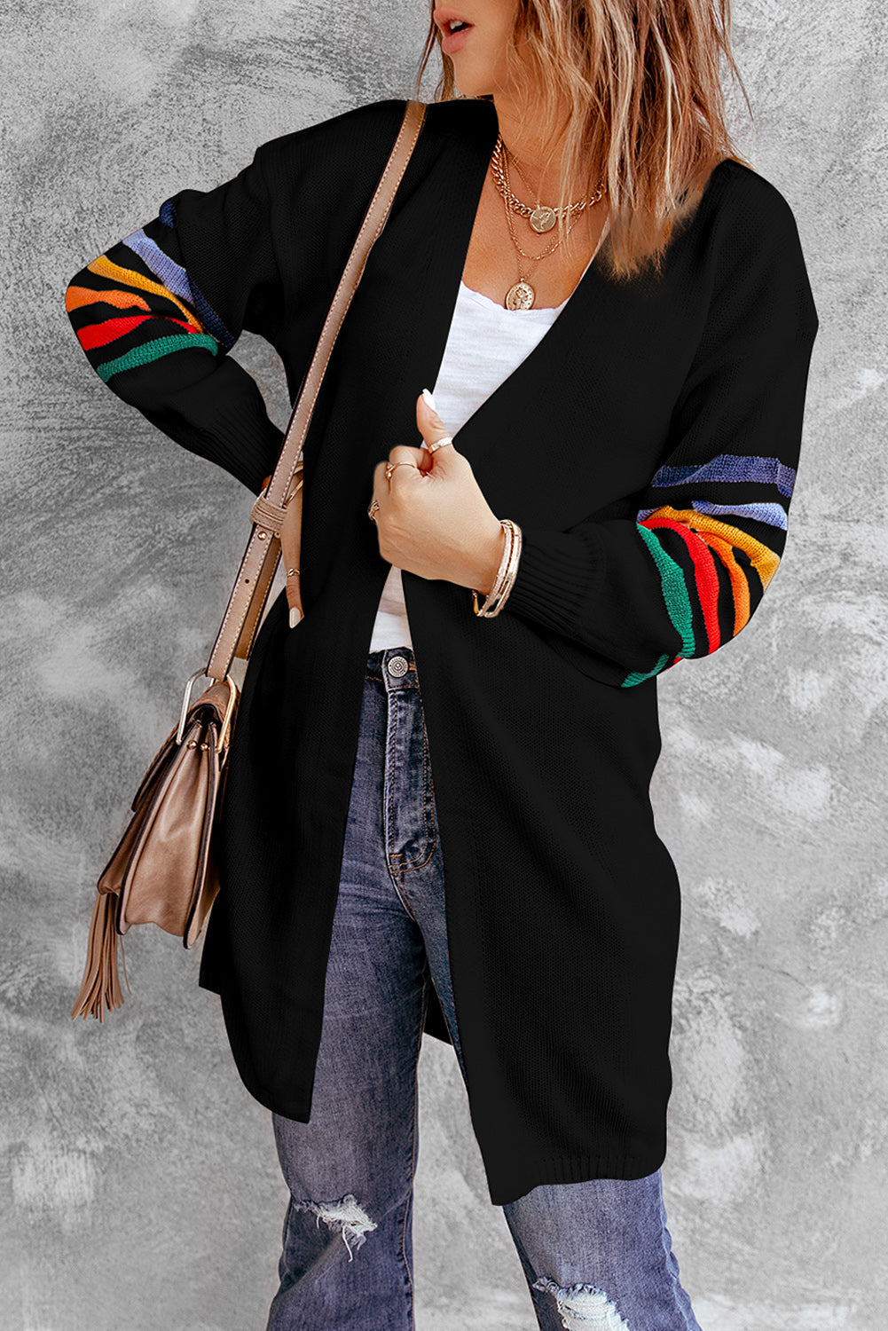 Black Striped Balloon Sleeve Cardigan