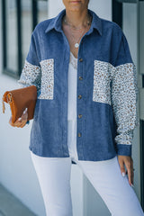 Blue Leopard Patchwork Corduroy Buttoned Shirt Jacket