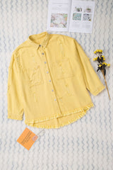 Yellow Distressed Fringe Trim Denim Jacket