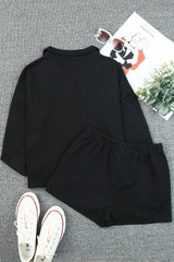Black Ribbed Zipper Sweatshirt and High Waist Shorts Set