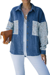 Blue Leopard Patchwork Corduroy Buttoned Shirt Jacket