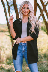 Black Ribbed Open Front Knit Cardigan