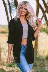 Black Ribbed Open Front Knit Cardigan