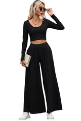 Black Solid Color Ribbed Crop Top Long Pants Set