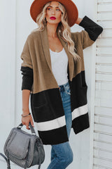 Brown Gingerbread Latte Colorblock Pocketed Cardigan