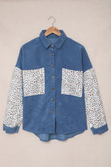 Blue Leopard Patchwork Corduroy Buttoned Shirt Jacket