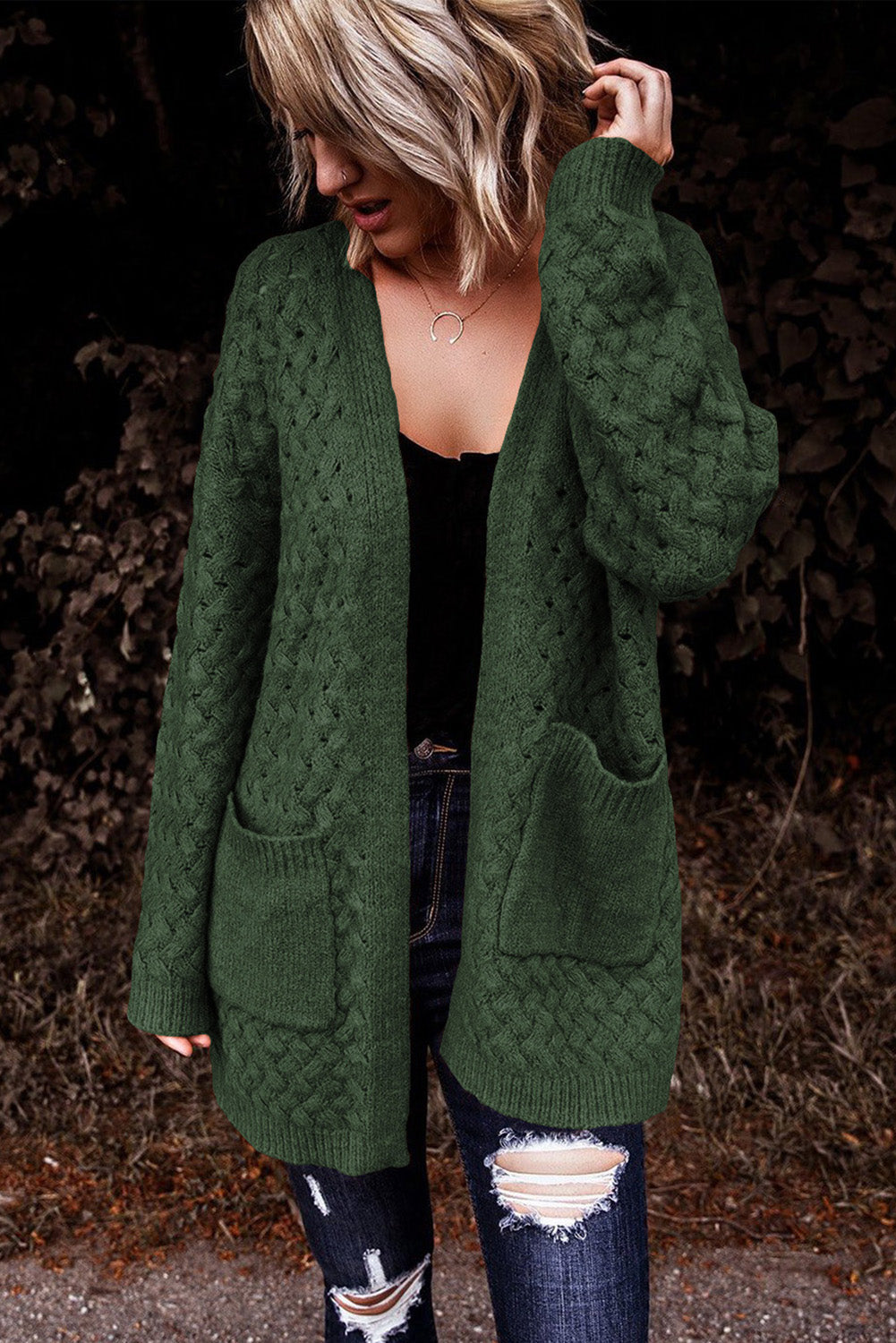 Green Open Front Woven Texture Knitted Cardigan with Pockets