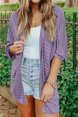 Purple Ribbed Open Front Knit Cardigan