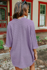 Purple Ribbed Open Front Knit Cardigan