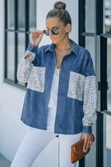 Blue Leopard Patchwork Corduroy Buttoned Shirt Jacket