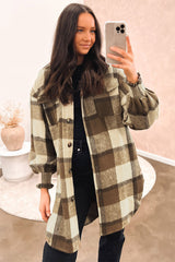 Brown Plaid Flap Pocket Smocked Cuff Shacket