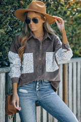 Gray Leopard Patchwork Corduroy Buttoned Shirt Jacket