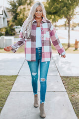 Plaid Color Block Buttoned Long Sleeve Jacket with Pocket