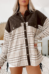 Brown Plaid Patchwork Button-up Shift Shirt Jacket