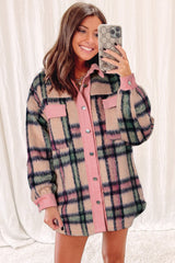 Pink Fuzzy Plaid Corduroy Patchwork Shacket