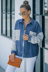 Blue Leopard Patchwork Corduroy Buttoned Shirt Jacket