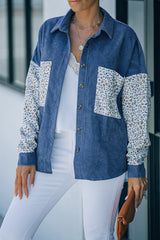 Blue Leopard Patchwork Corduroy Buttoned Shirt Jacket