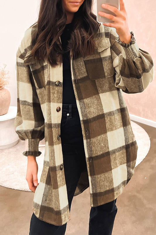 Brown Plaid Flap Pocket Smocked Cuff Shacket